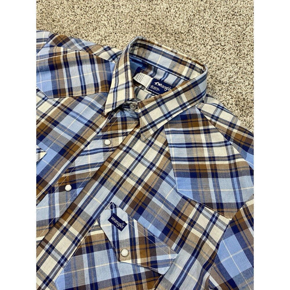 Vintage Wrangler Shirt Mens L Pearl Snap Western Rodeo Plaid Blue Cowboy USA